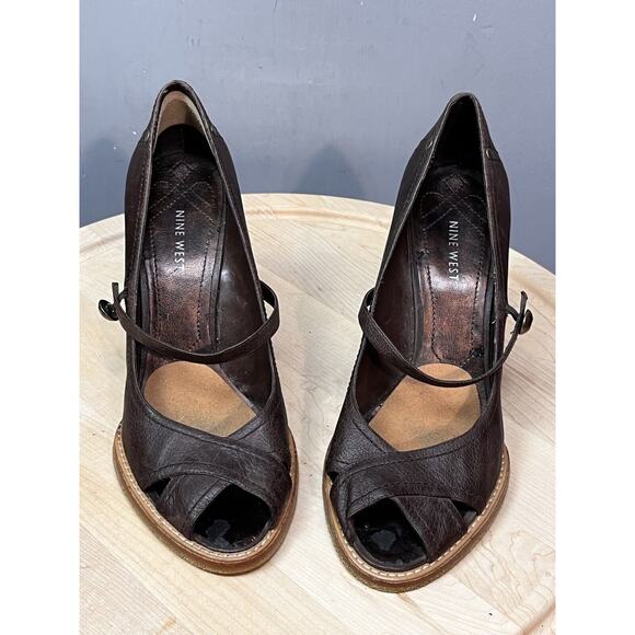 Nine West Wedge Heel Womens‎ 10M Brown Grommet Brown Leather Open Toe - Picture 2 of 12